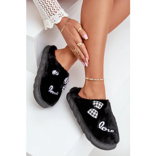 FK1 Women's Fleece Slippers With Patches And Bow Black Linnorelia