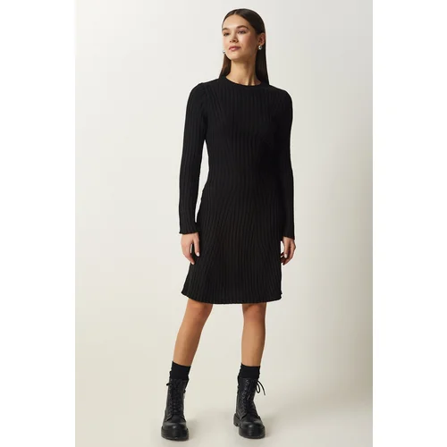  Women's Black Corded A-Line Knitwear Dress