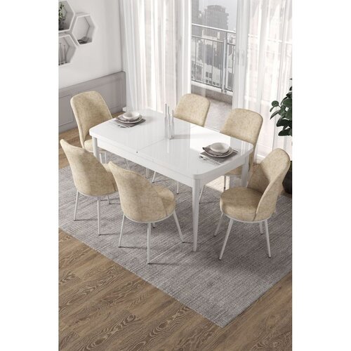 Hanah home trpezarijski set Kor, sto na razvlačenje i 6 stolica, bela ploča, krem tkanina Jerry Cene