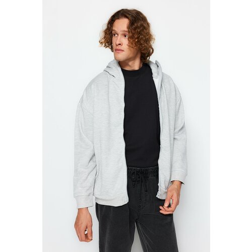 Trendyol Gray Melange Men's Oversized Zippered Special Collar Hooded Cotton Men's Sweatshirt. Slike