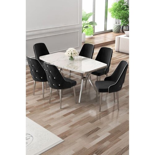 Hanah home trpezarijski set Asel, sto i 6 stolica, ploča u dekoru belog mermera, hromirane noge, crna tkanina Babyface Cene