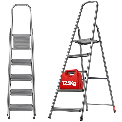 KADAX Jeklena lestev s 5 stopnicami, zložljiva enostranska lestev, 125 kg, (5000346735) Cene