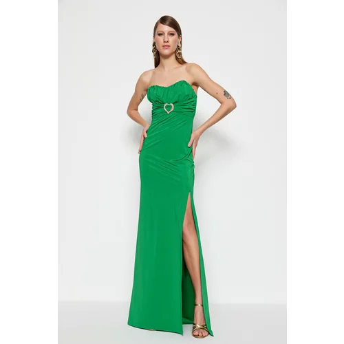 Trendyol Emerald Green Lined Knitted Accessory Long Evening Dress