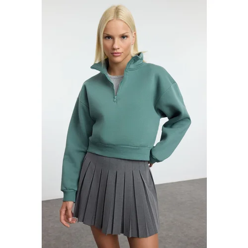 Trendyol Dark Green Relaxed Cut Crop Zippered Stand Collar Thick Inside Fleece Knitted Sweatshirt