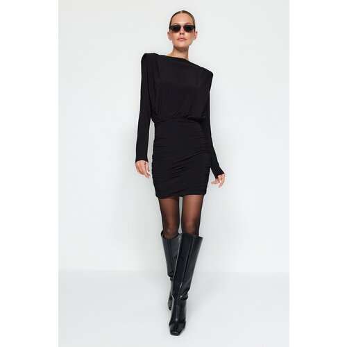 Trendyol Black Waisted Draped Fitted Mini Knitted Dress Slike