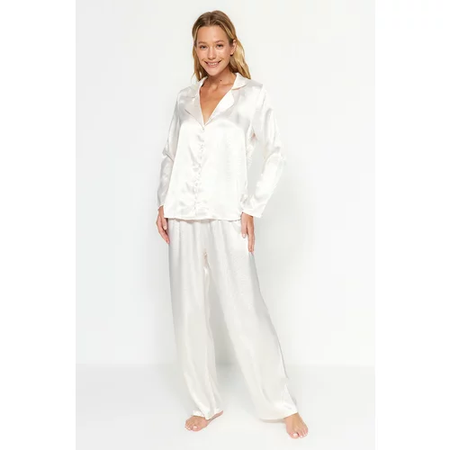 Trendyol Ecru Animal Pattern Satin Shirt-Pants Weave Pajamas Set