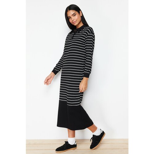 Trendyol Black Striped Polo Collar Knitted Dress Slike