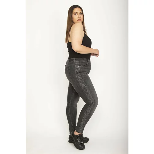 Şans Women's Plus Size Anthracite Side Detailed Lycra 5-Pocket Skinny Leg Jeans