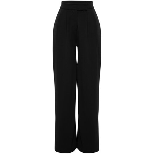 Trendyol Black High Waist Pleated Wide Leg Knitted Pants with Velcro Belt Cene