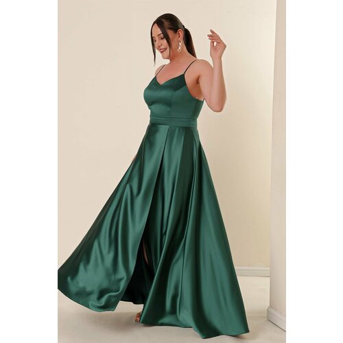 By Saygı Emerald Plus Size Long Satin Dress With Thread Straps and a Slit in the Front Slike