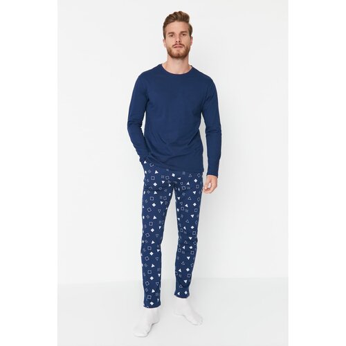 Trendyol Navy Blue Men&amp;#039;s 100% Cotton Regular Fit Printed Knitted Pajamas Set Slike