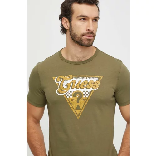 Guess Bombažna kratka majica moški, zelena barva
