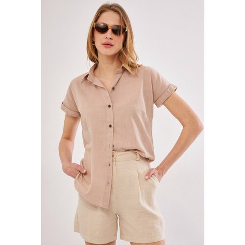 armonika Women's Beige Short Sleeve Linen Shirt Slike