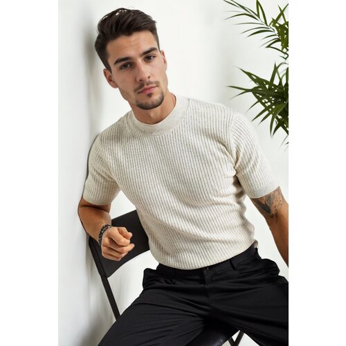 Dewberry 33307 Mens Crew Neck Short Sleeve Thin Knit Sweater-BEIGE Slike