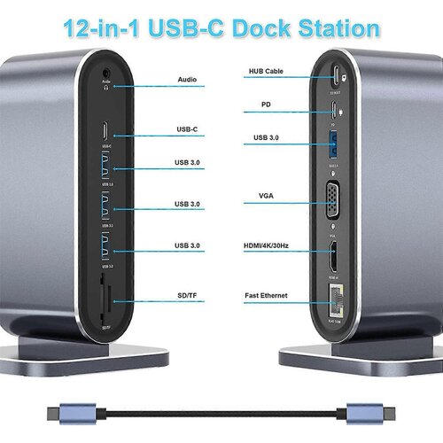  Docking station / HUB Type-C na LAN Gb/ SD card/ TF/ PD/ Type-C/ 4xUSB 3.0/ Audio/ HDMI i VGA 12 u 1 sa postoljem Cene