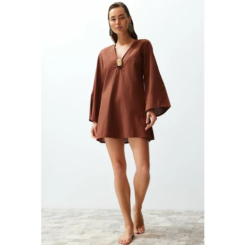 Trendyol Brown Mini 100% Cotton Beach Dress with Woven Accessories