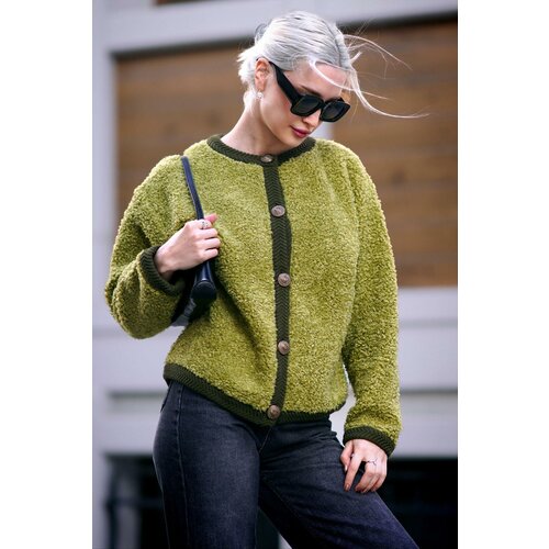 Madmext Green Buttoned Boucle Knitwear Cardigan Slike