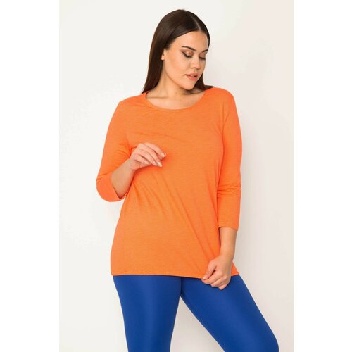 Şans Women's Plus Size Orange Pinstripe Blouse with Elastic Hem Cene