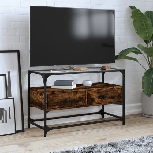  The Living Store TV omarica s stekleno ploščo dimljen hrast 80x35x51 cm inž. les - TV Omarica, (21508354) Cene