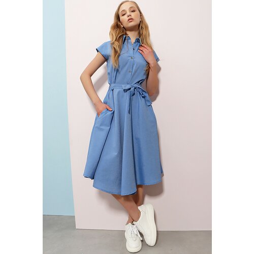 Trend Alaçatı Stili Women's Blue Sleeveless Linen Woven Shirt Dress Cene