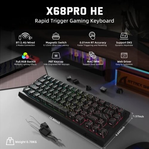 Attack Shark Bežična gaming tastatura X68Pro HE Magnetic Swith/8KHz/TriMode/RT/SnapTap/Black cont Slike