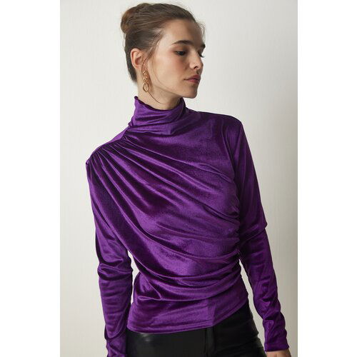 Happiness İstanbul women's purple gathered collar elegant velvet blouse Slike