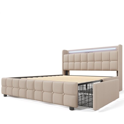 Lumor Oblazinjena postelja 140x200 cm iz lana - z LED in polnilnimi priključki za USB - 4 predali - bež, (22151389) Cene