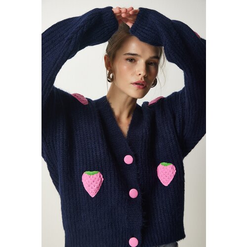 Happiness İstanbul Women's Navy Blue Strawberry Motif Oversize Knitwear Cardigan Slike