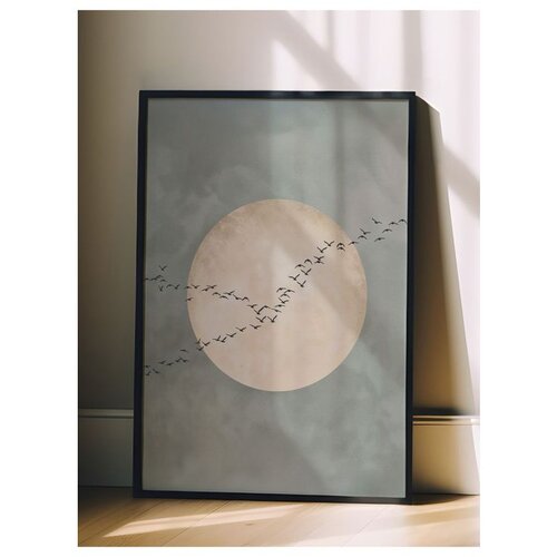 Wallxpert uramljena slika 115213, pun mesec i jato ptica na sivozelenoj pozadini, 30 x 40 cm, crni ram Cene