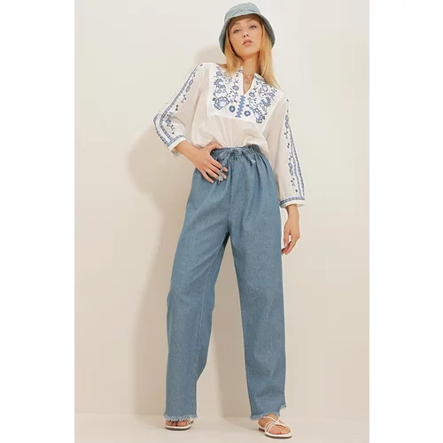 Trend Alaçatı Stili Women's Aviator Blue High Waist Palazzo Jeans with Tassels Tassels