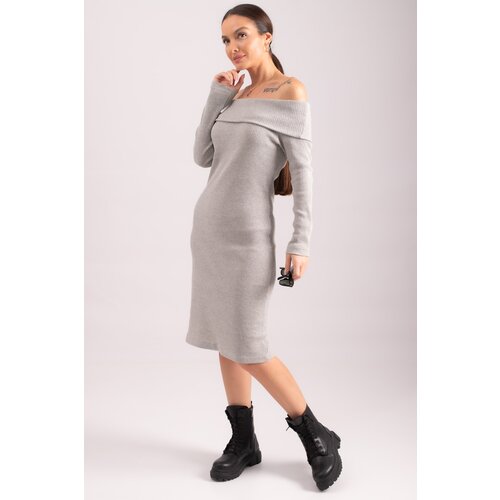 armonika Women's Gray Madonna Collar Fitted Ribbed Camisole Dress Slike