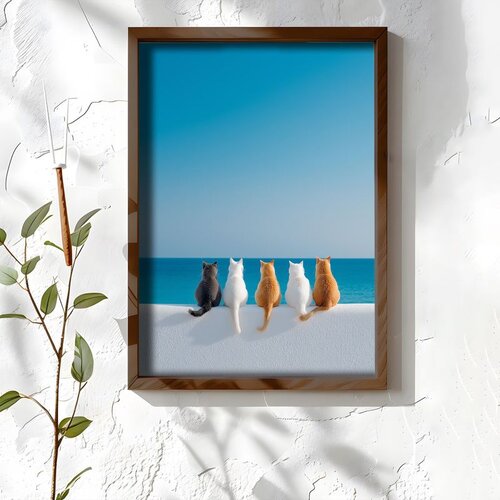 Wallxpert uramljena MDF slika NAL074-46, pet mačaka sedi na zidu i gleda u more, 35,5 x 47 cm Cene