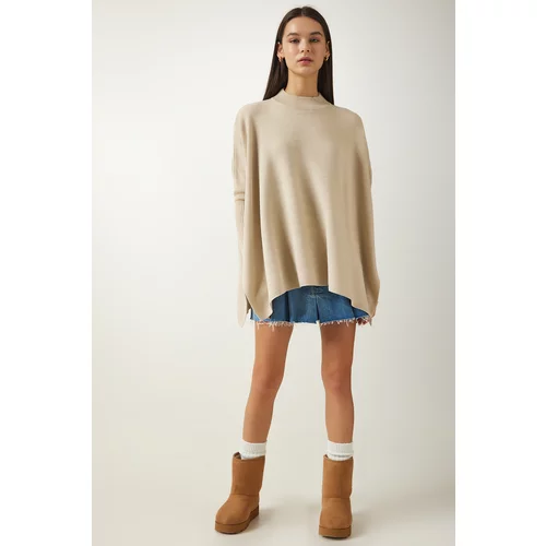 Happiness İstanbul Women's Beige Stand-Up Collar Slit Knitwear Poncho Sweater