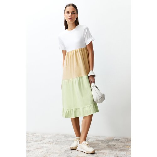 Trendyol Multi Color Color Block A-Line/A-Line Formal Crew Neck Short Sleeve Knitted T-shirt Dress Slike