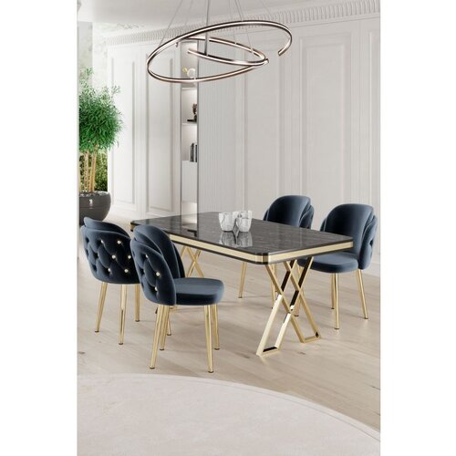 Hanah home Rigel - Black Marble, Gold, Anthracite Black MarlbeGoldAnthracite Dining Table & Chairs Set (5 Pieces) Cene