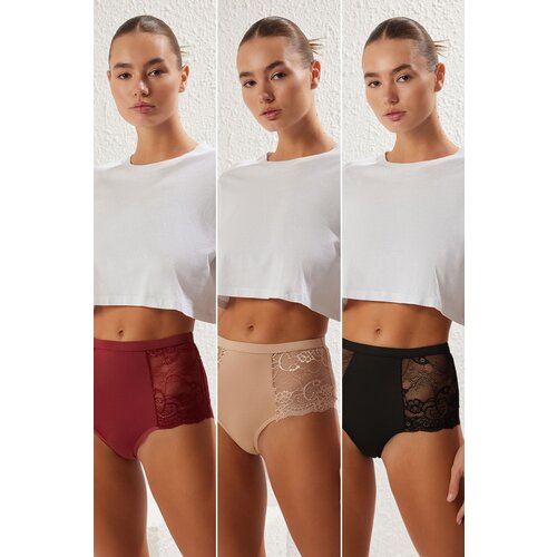 Trendyol Black-Multicolored 3-Pack Jersey Lace Detail Plain Hipster Panties Slike