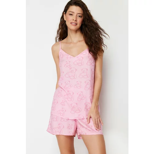 Trendyol Pink Teddy Bear Patterned Viscose Woven Pajamas Set