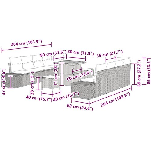  Sjedeća garnitura za vrt 11 kom. Crna poliratan 264 x 62 x 85 cm Slike