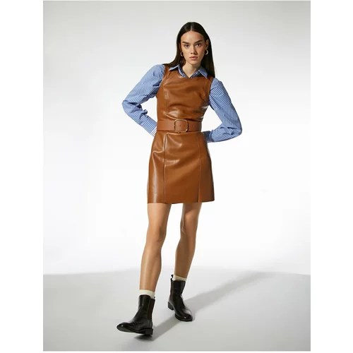 Koton Ayşegül Afacan X - Long Sleeve Leather Look Mini Dress