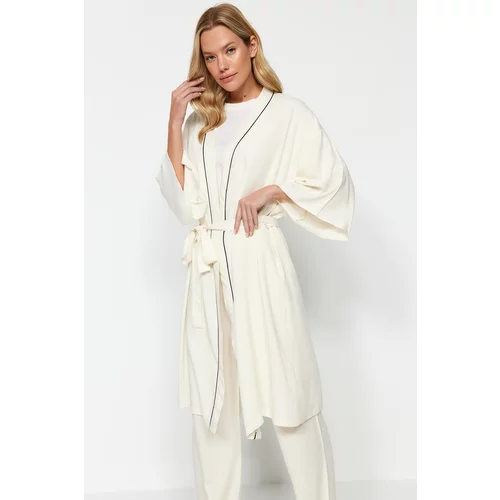 Trendyol Beige piping Viscose Woven Dressing Gown and Pajama Bottoms 2-Piece Pajamas Set