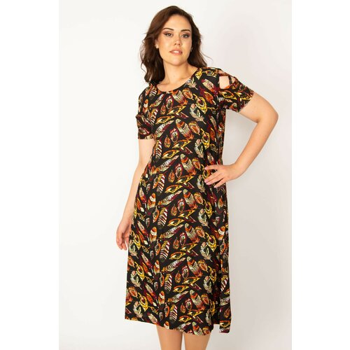 Şans Women's Plus Size Colorful Decollete Floral Patterned Dress Slike