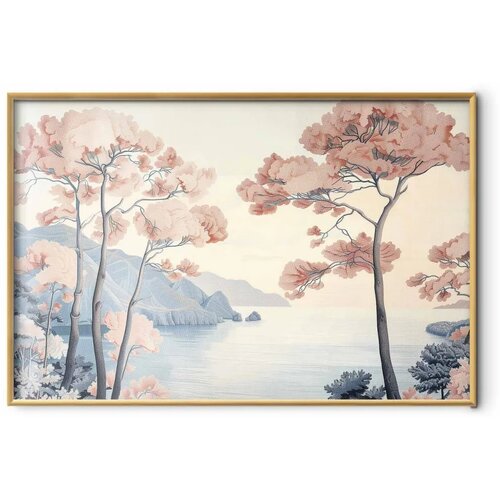  Plakat - Ocean Cliffs and Trees Delicate Motif in Pastel Colors 42x29.7 Zlatni okvir Slike