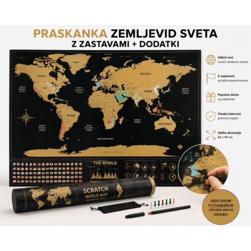  Praskanka zemljevid sveta 82x59 cm z zastavami + dodatki | scratch map darilo za popotnike Slike