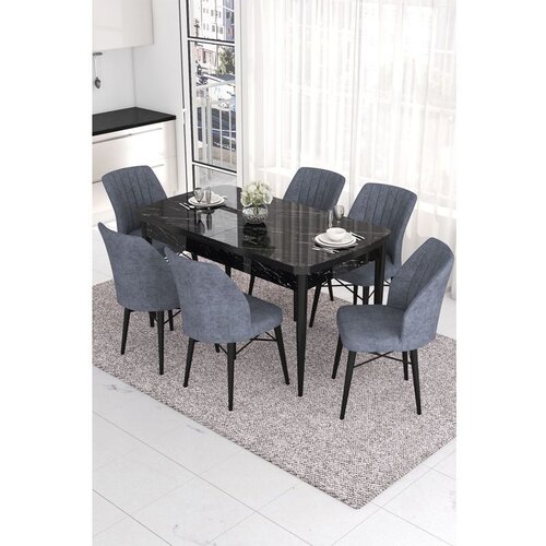 Hanah home Eva - Black Marble, Fume Black MarbleFume Extendable Dining Table & Chairs Set (7 Pieces) Cene