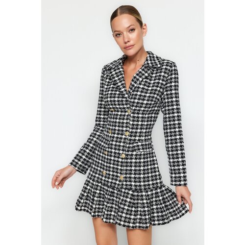 Trendyol Black Tweed Knit Dress with Ruffles and Button Detail Slike