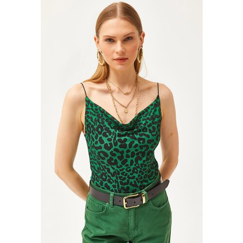Olalook Women's Leopard Emerald Green Collar Rope Strappy Blouse Slike
