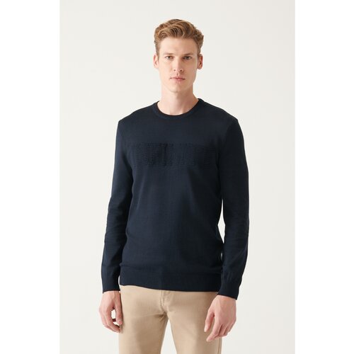 Avva Men's Navy Blue Crew Neck Text Motto Cotton Standard Fit Normal Cut Knitwear Sweater Slike