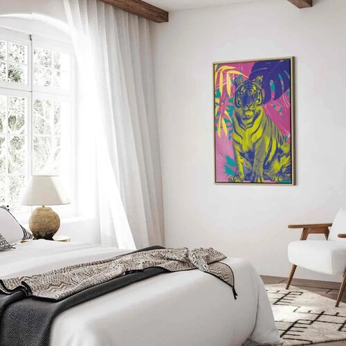  Slika - Colorful Tiger - Intense Colors of a Tiger Surrounded by Tropical Plants 80x120 U prirodnom drvenom okviru Slike
