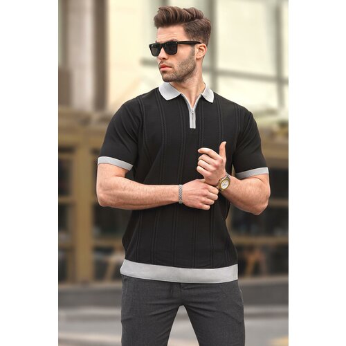 Madmext Black Zipper Detailed Polo Collar Men's T-Shirt 6874 Slike