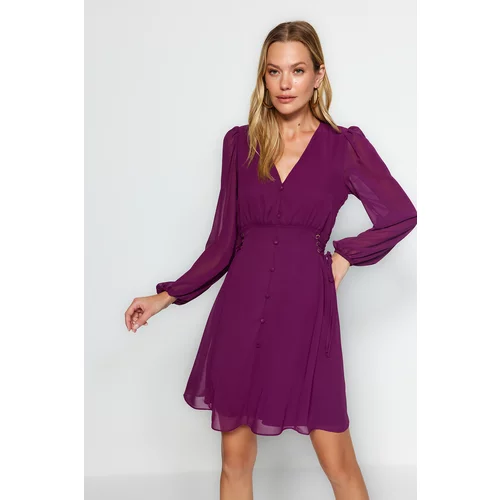 Trendyol Purple Eyelet Detail and Buttons Lined Chiffon Woven Dress